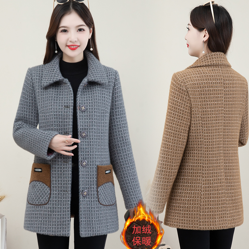 高档貂绒加厚外套女妈妈装中老年女士款冬季加绒加厚格子毛呢大衣