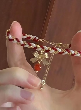 圣诞圣诞节手链金色小众氛围红绿编绳简约蝴蝶结秋冬精致编织手绳