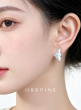 okk pine 花屿游鸟 原创款磨砂银可爱小鸟耳钉 彩釉小花藤蔓耳环