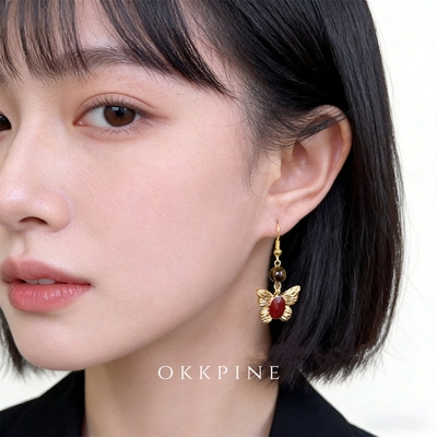 okk pine 蝴蝶幻梦~高级感珐琅滴釉酒红耳饰度假款天然虎眼石耳环