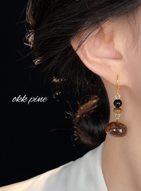 okk pine 古道禅心~新中式国风手作耳饰复古深咖天然虎眼石耳环女