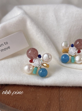 okk pine 沈月同款耳饰原创手作天然石珍珠拼色复古文艺花朵耳环