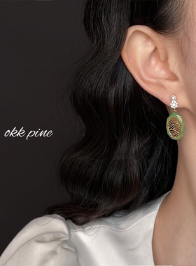 okk pine 原创设计师款新中式珐琅滴釉绿色皓石耳环民族工艺耳饰