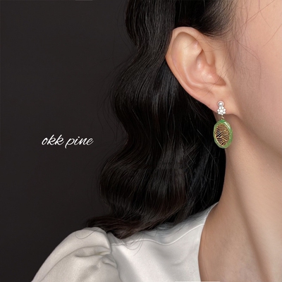 okk pine 原创设计师款新中式珐琅滴釉绿色皓石耳环民族工艺耳饰