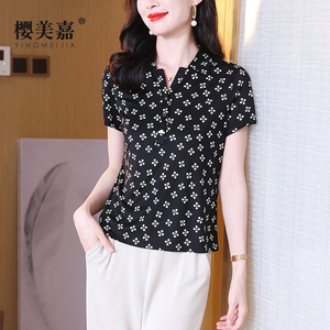 樱美嘉短袖小碎花印花真丝衬衫女翻领针织polo小衫桑蚕丝t恤上衣R