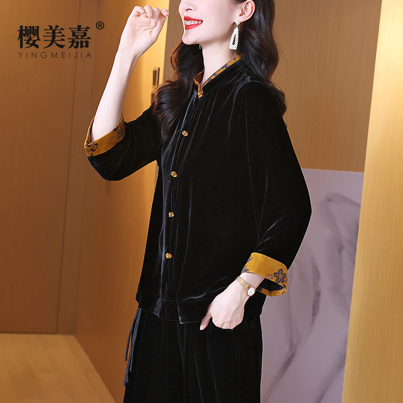 樱美嘉新中式立领真丝丝绒衬衫女香云纱拼接优雅复古桑蚕丝上衣