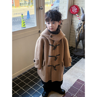 男童2025秋冬双色100%羊毛大衣帅气棕驼色连帽毛呢外套潮童牛角扣