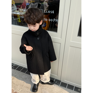 男童2025秋冬新款双面绒全羊毛呢大衣儿童中长款黑色毛呢外套潮酷