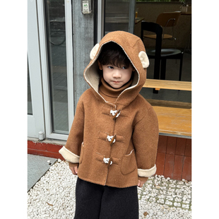 男童帅气小熊连帽100%羊毛大衣秋冬季手工双面呢宝宝短款毛呢外套