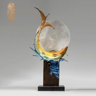 家居酒店會(huì)所茶樓別墅客廳辦公室裝 魚歡月明銅擺件工藝品新中式 飾