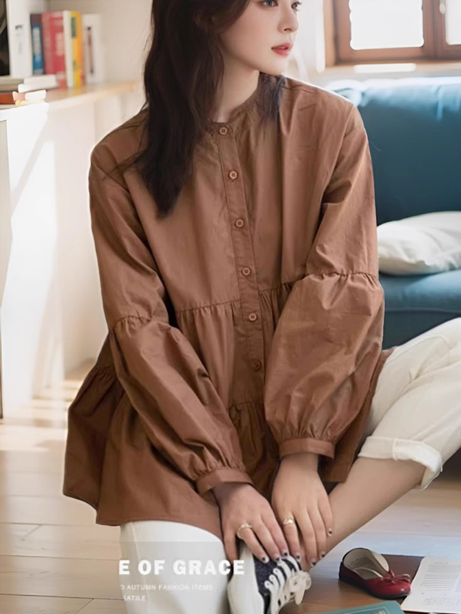 초가을 순면 인형 셔츠 출산 셔츠 중간 길이 대형 느슨한 긴팔 봄 가을 탑 한국식 셔츠