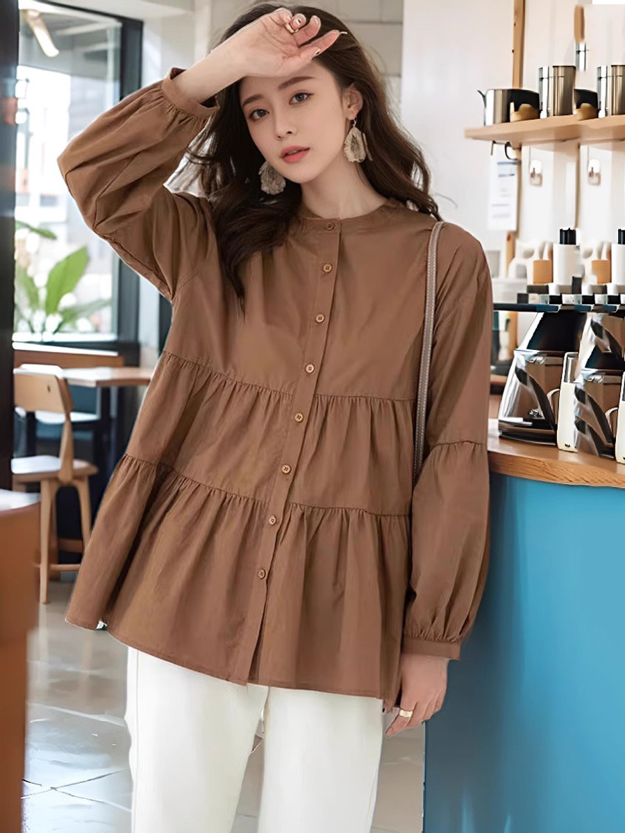 초가을 순면 인형 셔츠 출산 셔츠 중간 길이 대형 느슨한 긴팔 봄 가을 탑 한국식 셔츠
