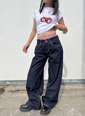 TheDINA 重工原牛深蓝色阔腿低腰牛仔裤女复古显瘦垂感宽松直筒裤