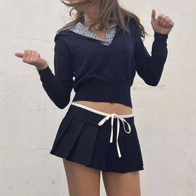 TheDINA2026春季新款拼接美式miu系休闲套装低腰带打底裤学院风女