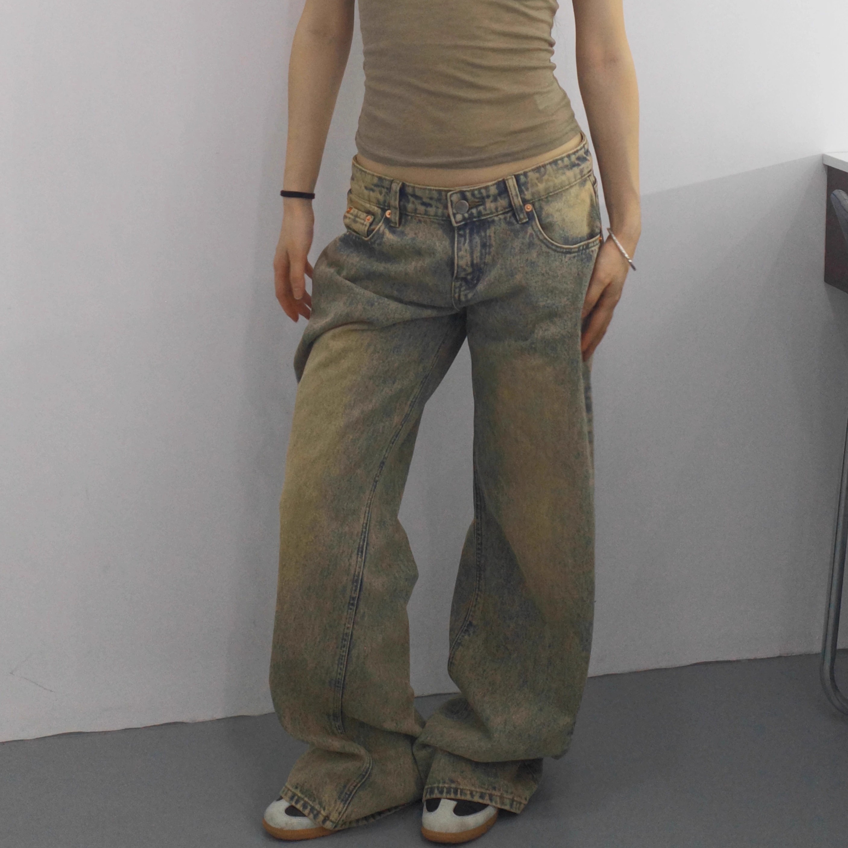 TheDINA|2025美式做旧废土风泥洗坠感低腰显瘦宽松直筒牛仔裤女