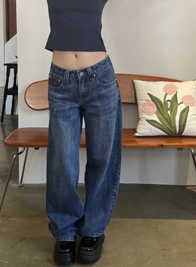 TheDINA2025秋冬新款复古竖纹水洗阔腿显瘦直筒裤子低腰牛仔裤女