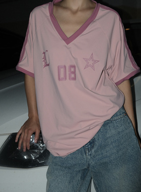 TheDINA| 美式复古运动风blokecore撞色V领拼色宽松百搭短袖T恤女