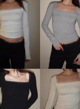 TheDINA 纯欲性感蕾丝方领修身长袖辣妹百搭显身材短款基础T恤女