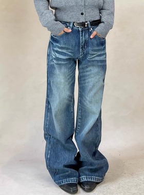 TheDINA|2025冬季新款复古街头深蓝压褶宽松阔腿低腰直筒牛仔裤女