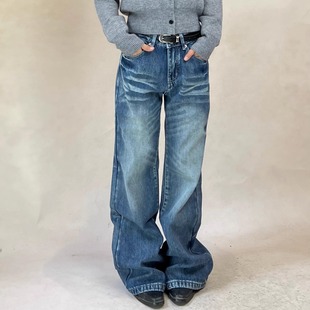 复古街头深蓝压褶宽松阔腿低腰直筒牛仔裤 新款 女 2025冬季 TheDINA