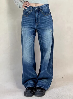 TheDINA|2026春季新款压线立体裁剪手工磨损弯刀显瘦阔腿裤牛仔裤