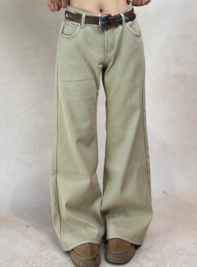 TheDINA|2025冬季新款美式复古卡其色低腰宽松加绒微喇牛仔裤女