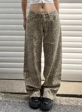 TheDINA｜2025新款Jennie同款复古豹纹印花宽松直筒低腰牛仔裤女