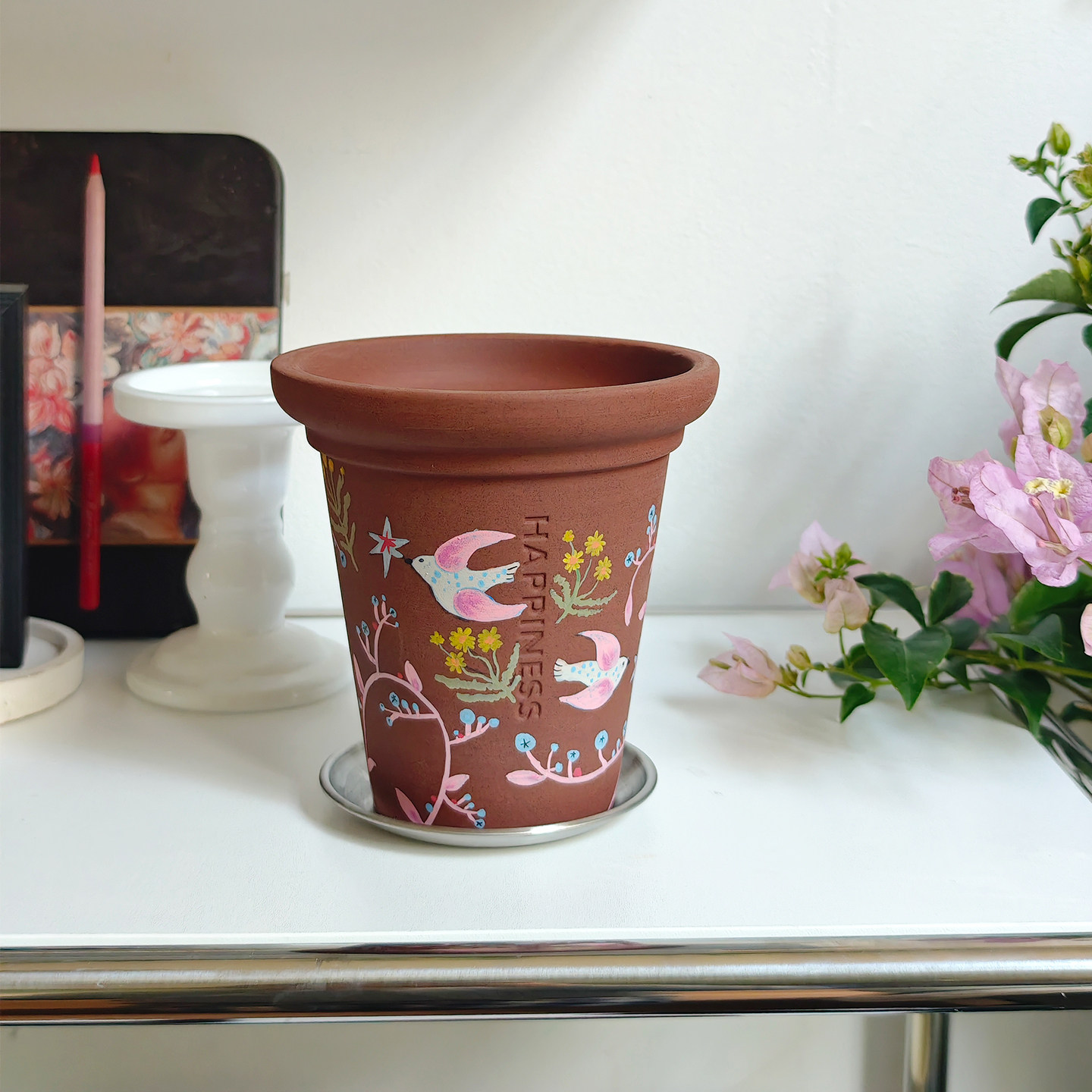 小口径粗陶紫砂花盆办公桌面