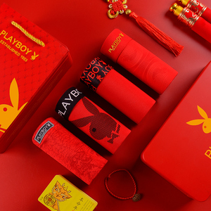 花花公子本命年男士内裤男平角裤头大红色属牛年三角四角纯棉短裤