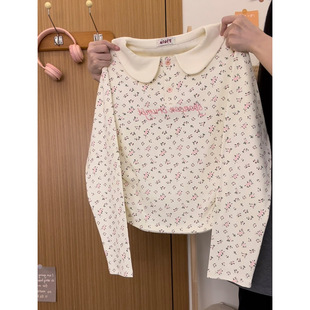 奶油的宇宙 刺绣字母娃娃polo领碎花长袖T恤女小个子初秋内搭上衣