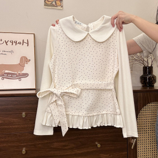 女甜美假两件上衣 波点绑带荷叶边娃娃领磨毛内搭长袖 奶油 宇宙