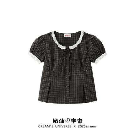 奶油的宇宙 绑带蝴蝶结蕾丝拼接格纹衬衫短袖女学院风娃娃衫上衣