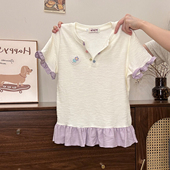 宇宙 多巴胺纽扣荷叶边V领短袖 T恤女甜美修身 奶油 正肩短款 上衣