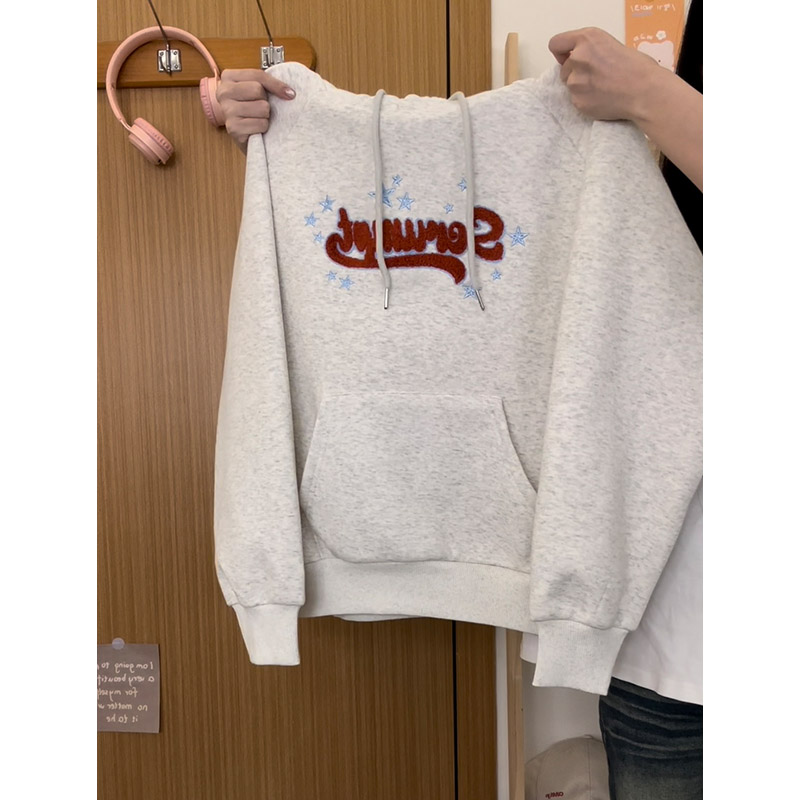 植绒字母加绒加厚插肩连帽卫衣女