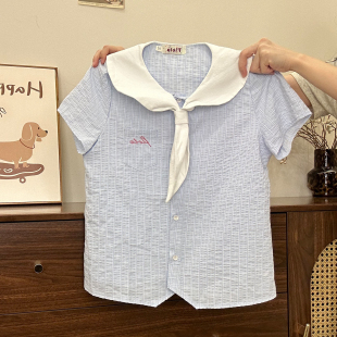 宇宙 短款 撞色海军领带条纹衬衫 女甜美学院风修身 上衣 短袖 奶油