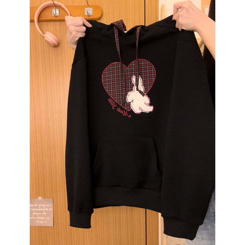 刺绣格纹兔子加绒加厚连帽卫衣女