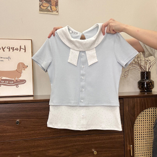 T恤女甜美学院风修身 波点娃娃领假两件正肩短袖 短上衣 宇宙 奶油