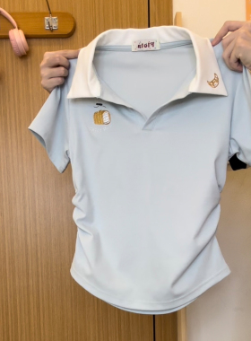 奶油的宇宙 刺绣卡通polo领奶蓝色正肩短袖T恤女甜妹风夏季短上衣