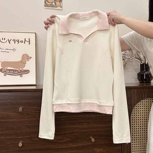 撞色假两件polo内搭长袖T恤女