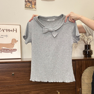 T恤女韩系温柔风修身 蝴蝶结木耳边正肩短袖 灰色短上衣 宇宙 奶油