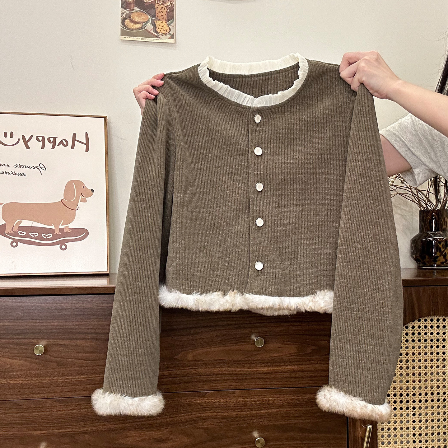 奶油的宇宙 拼接毛绒针织开衫外套女法式小香风短上衣长袖新款,女装/女士精品,毛针织衫,淘宝优惠券,粉丝福利购,淘宝优惠卷