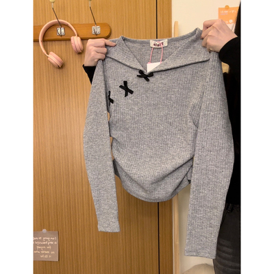 蝴蝶结翻领针织衫长袖女修身内搭
