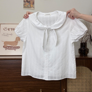 女甜美学院风显瘦泡泡袖 奶油 短袖 绑带白色娃娃领衬衫 上衣 宇宙