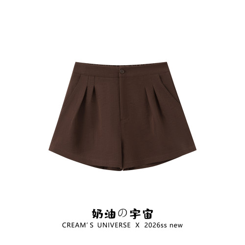 复古咖色松紧腰工装短裤女小个子