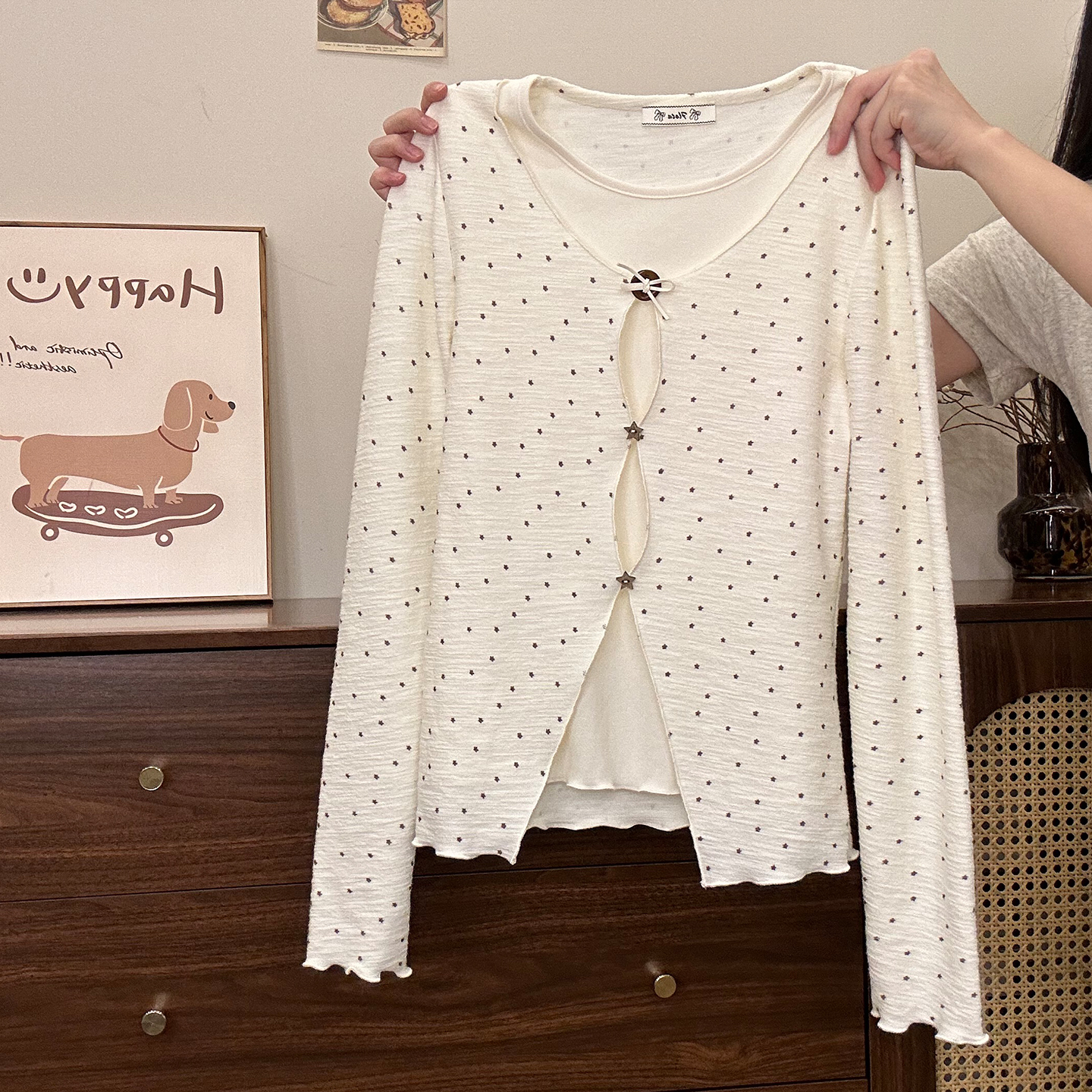 满印星星木耳边假两件内搭长袖女
