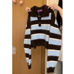 毛衣女甜酷马海毛针织衫 美拉德风条纹polo领短款 上衣 宇宙 奶油