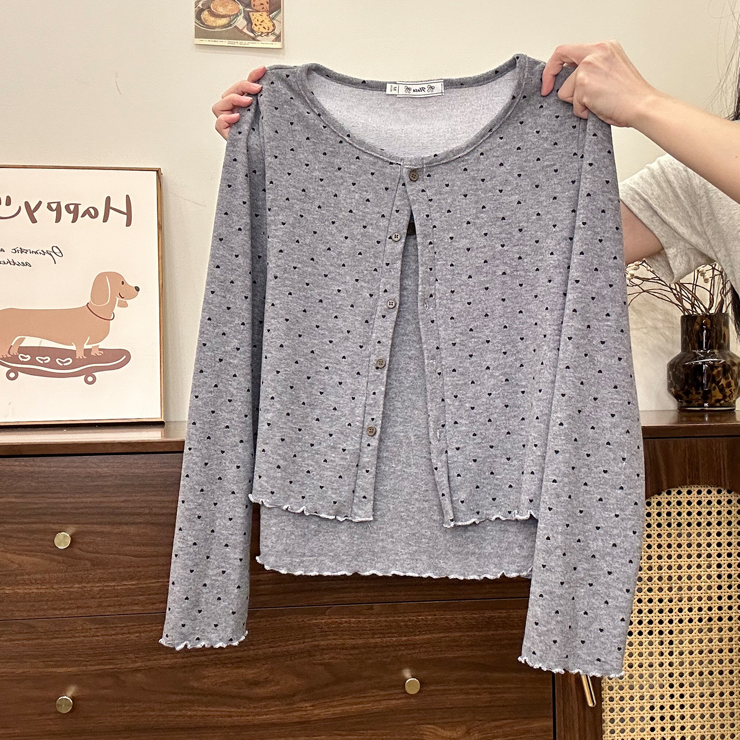 爱心木耳边假两件加绒内搭长袖女