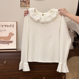 女甜美风保暖针织上衣 波点荷叶花边磨毛加绒内搭长袖 奶油 宇宙