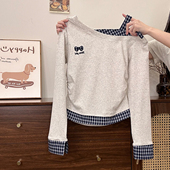 奶油 上衣 T恤女学院风收腰假两件短款 宇宙 刺绣格纹吊带斜肩长袖