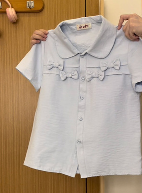 奶油的宇宙 立体蝴蝶结polo领衬衫短袖女小清新蓝色彼得潘短上衣
